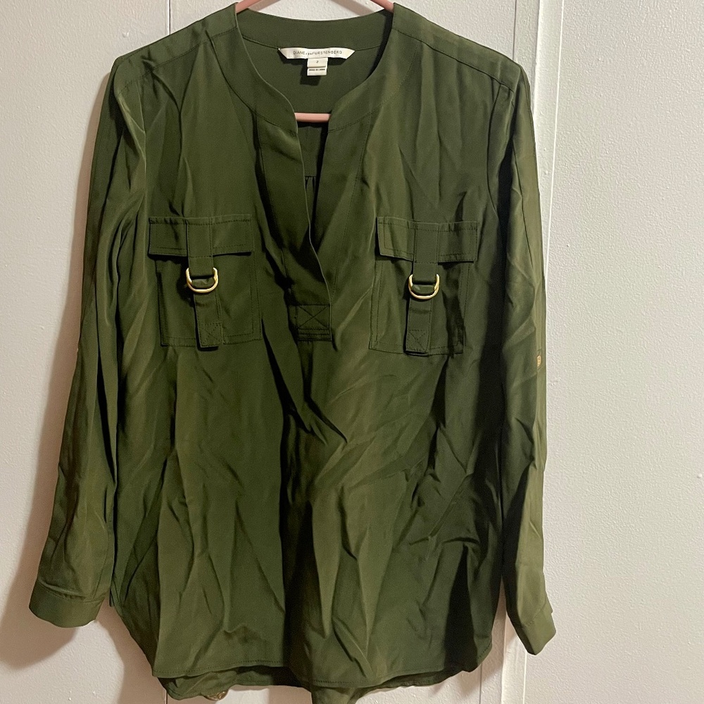 DVF Silk Army Green Silk Blouse